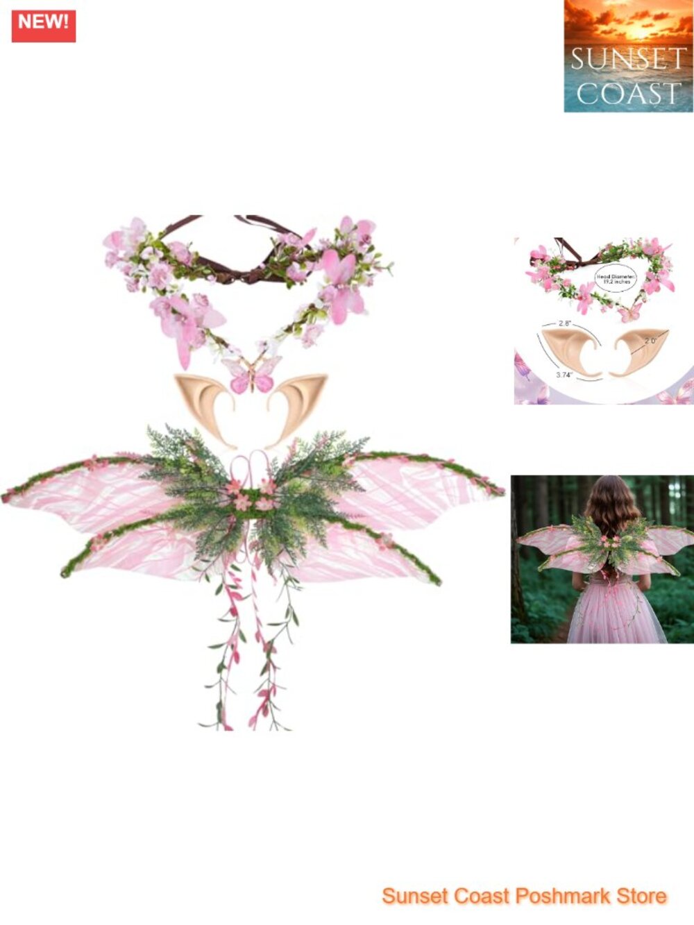 Fairy Wings Set Adult 3 PCS Elf Ears Butterfly Wings Flower Crown Costume